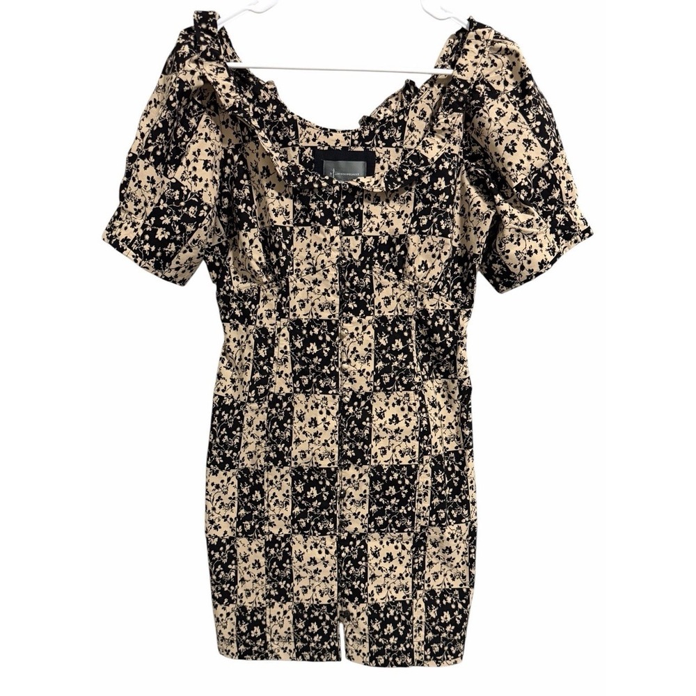 Anthropologie Ruffled Puff Sleeve Floral Smocked Dress   Tan/Black Womens Size 8